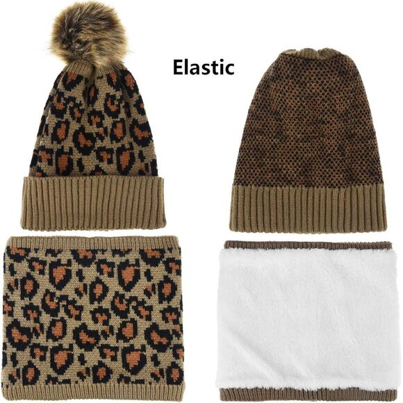 Leopard Print Winter Hat Gloves Scarf Set Womens Teen Warm Plush Acrylic